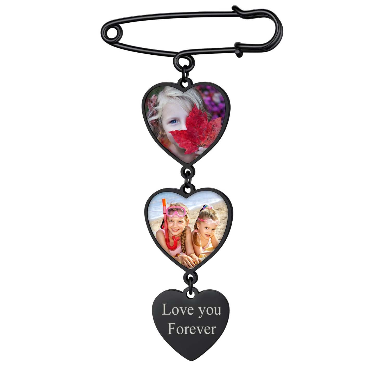Broche en Cœur Personnalisée avec Photo 2 Images Noir