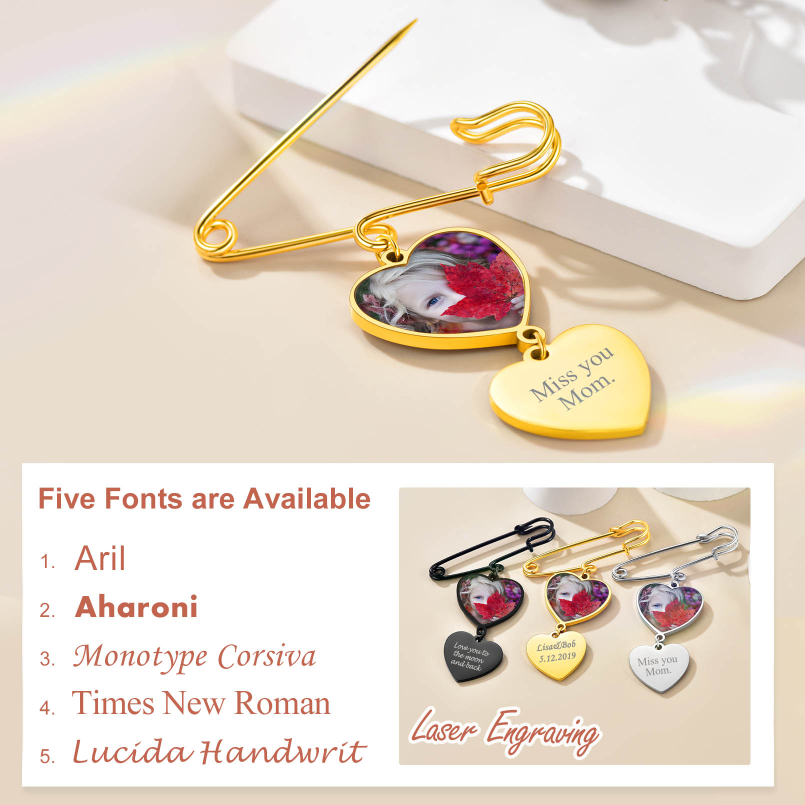 Broche en Cœur Personnalisée avec Photo 1 à 3 Images Police