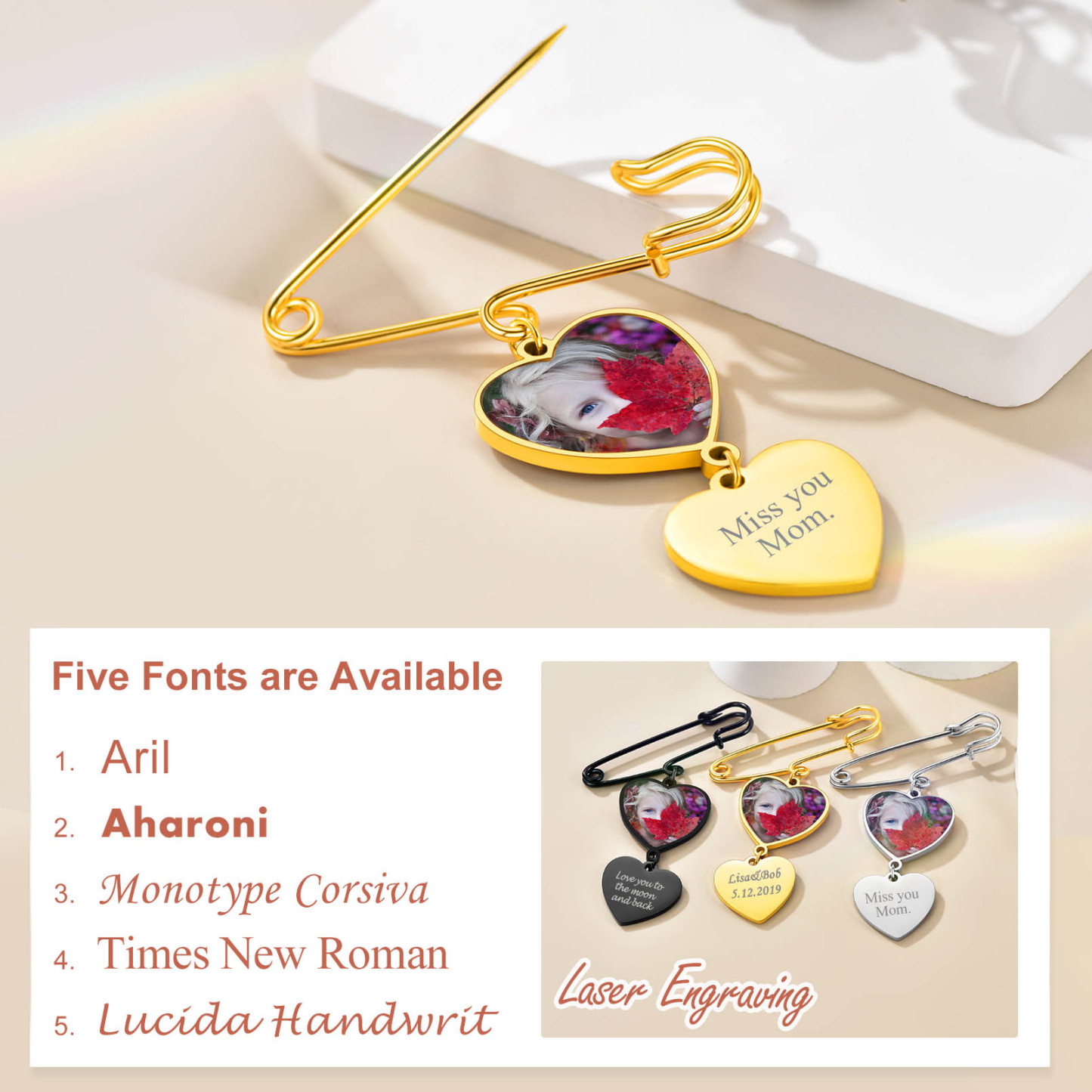 Broche en Cœur Personnalisée avec Photo 1 à 3 Images Police