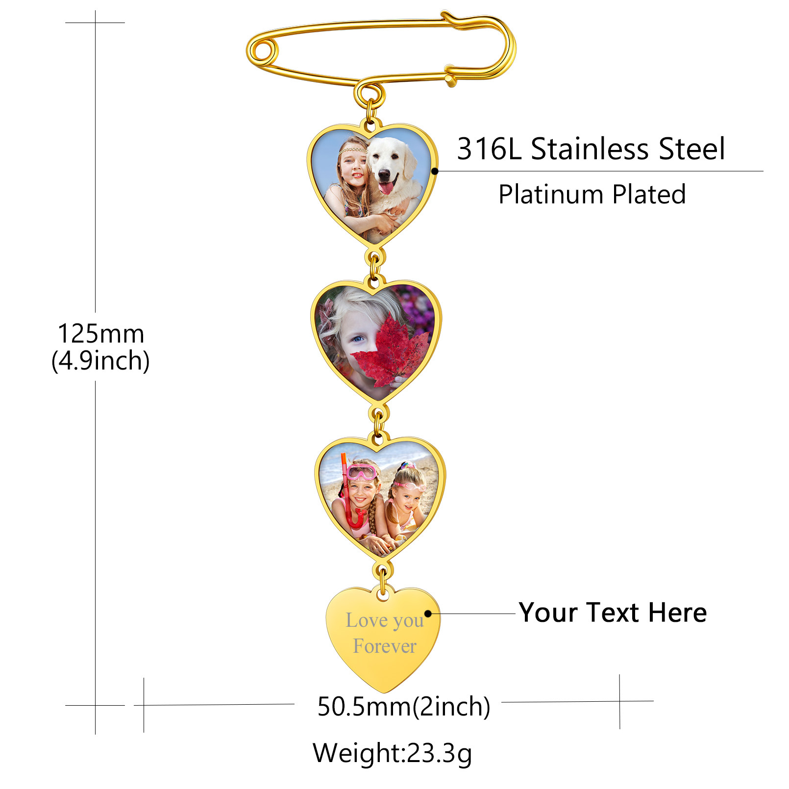 Broche en Cœur Personnalisée avec Photo 3 Images Taille