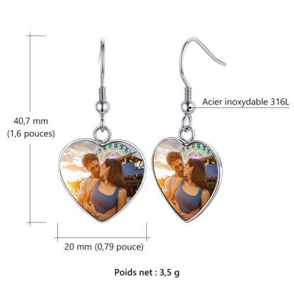 Boucles d'oreilles pendantes personnalisées avec photo en forme de cœur Taille