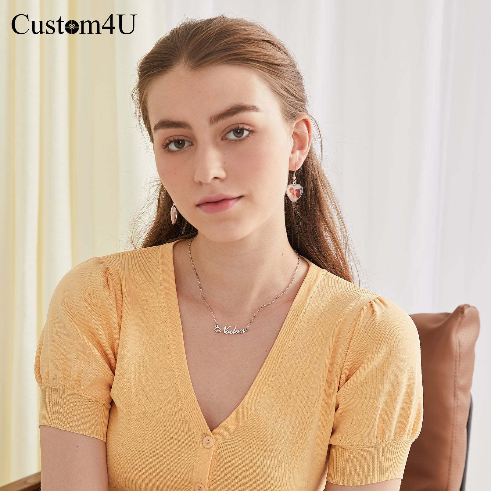 Boucles d'oreilles pendantes personnalisées avec photo en forme de cœur pour Femme