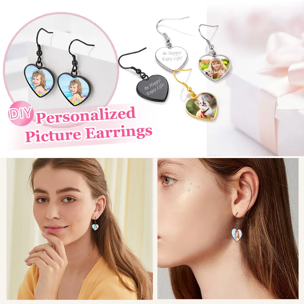 Boucles d'Oreilles Pendantes Coeur Personnalisées avec Photo Cadeau