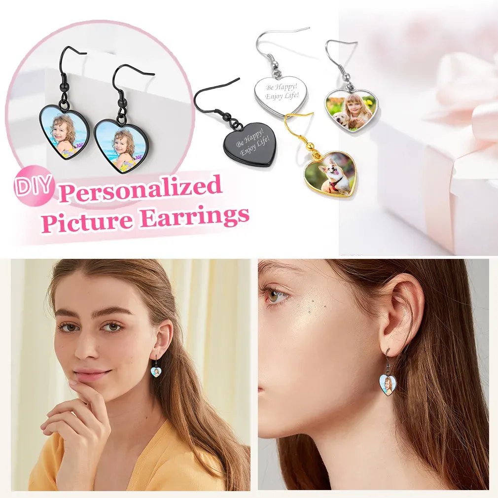 Boucles d'Oreilles Pendantes Coeur Personnalisées avec Photo Cadeau