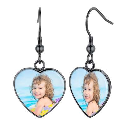 Boucles d'oreilles pendantes personnalisées avec photo en forme de cœur Noir