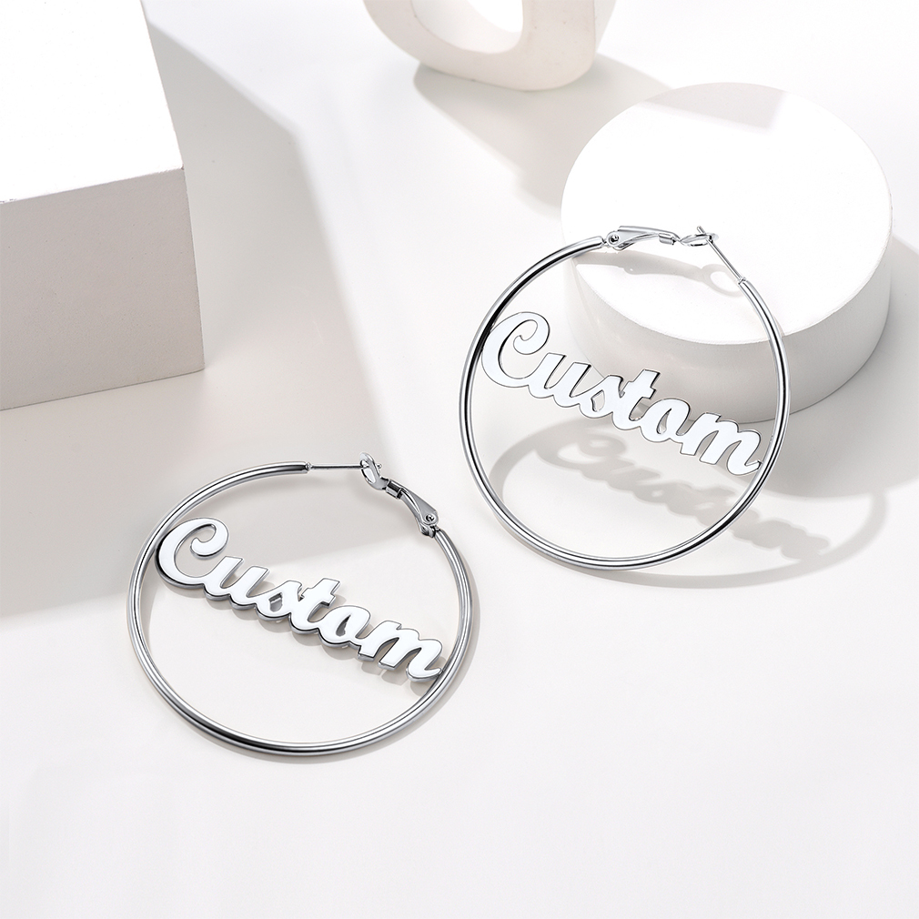 Boucles d'Oreilles Créoles Personnalisées en Acier inoxydable avec Nom Argenté