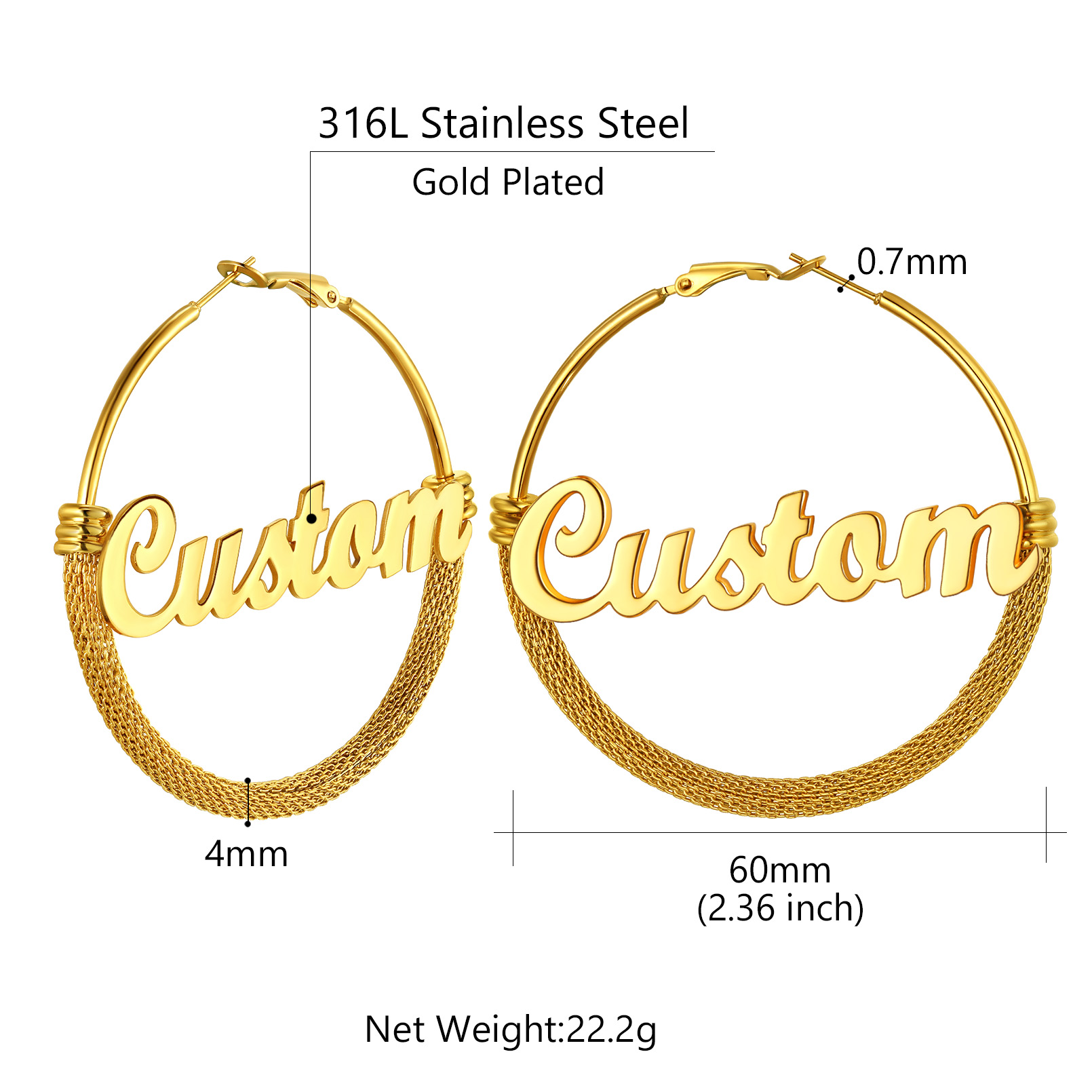 Créoles Tendance Personnalisées avec Nom pour Femmes Taille 60mm