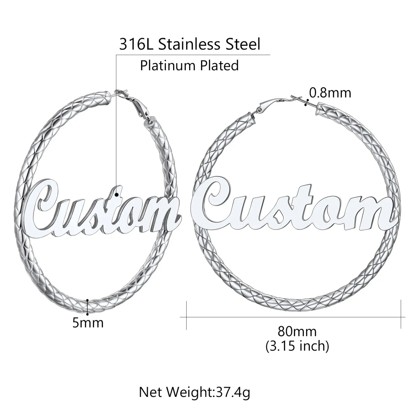 Créoles Personnalisées avec Nom à l’Intérieur Cadeau pour Femmes Taille 80mm