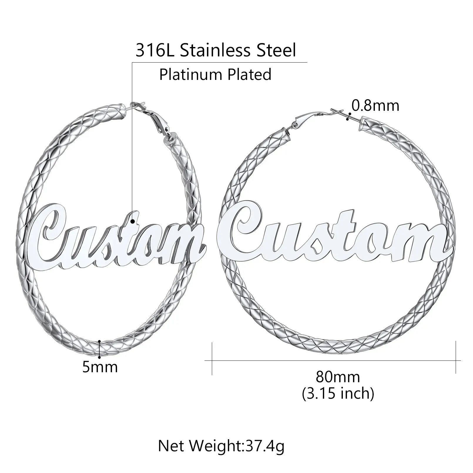 Créoles Personnalisées avec Nom à l’Intérieur Cadeau pour Femmes Taille 80mm