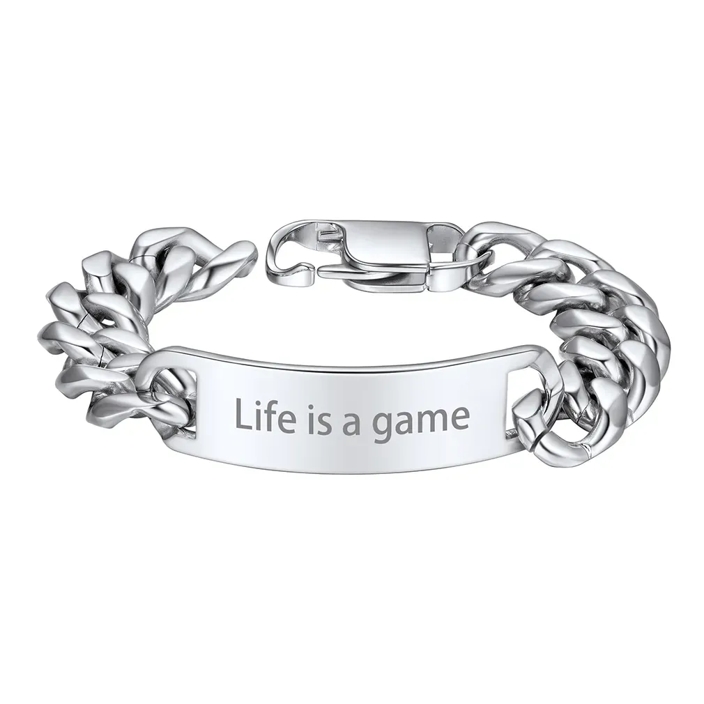 Bracelet Cuban Personnalisé avec Barre Gravée Argenté