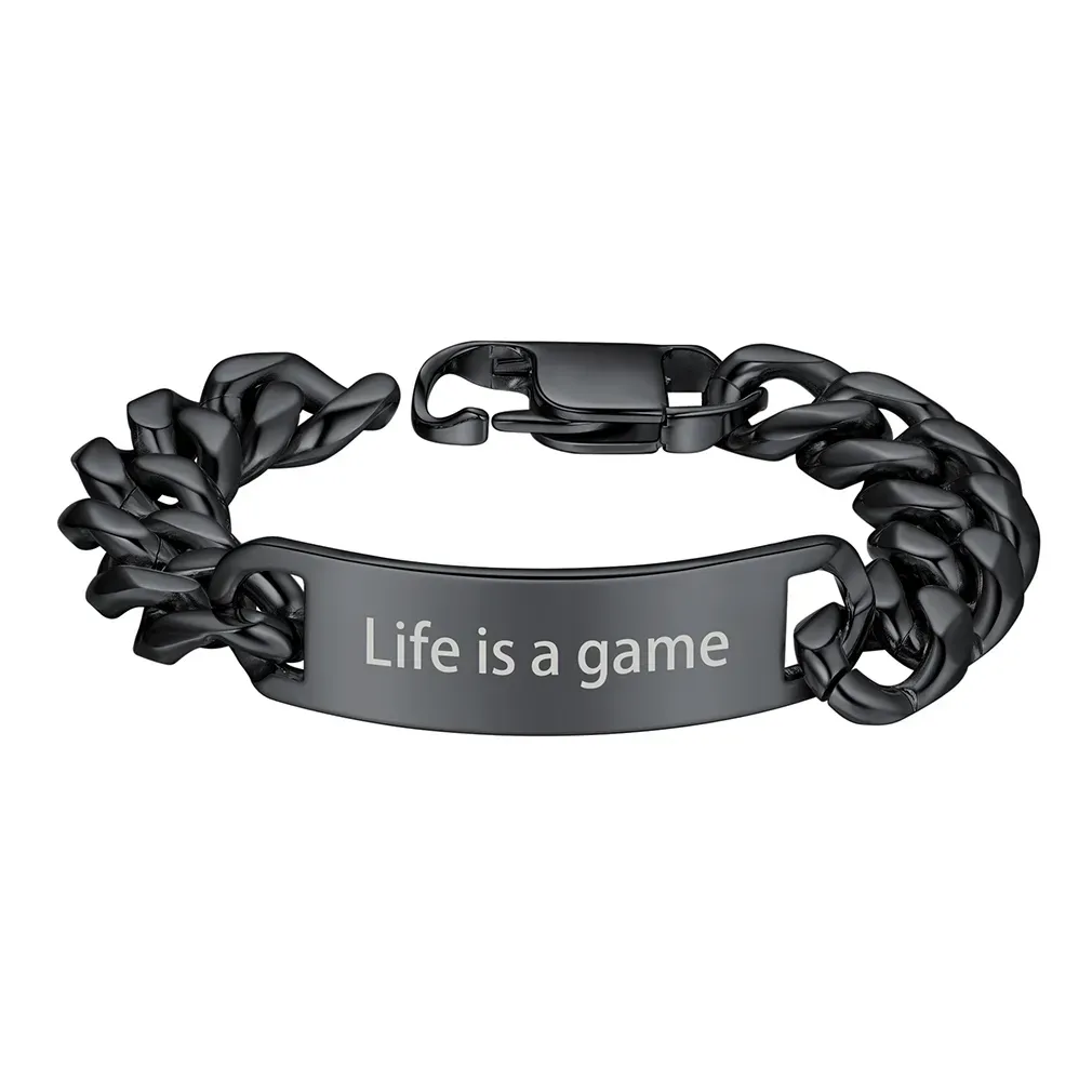 Bracelet Cuban Personnalisé avec Barre Gravée Noir