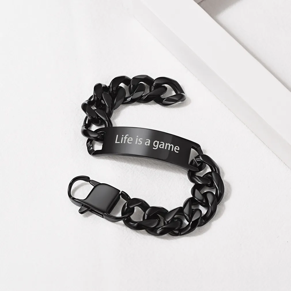 Bracelet Cuban Personnalisé avec Barre Gravée Scène Noir