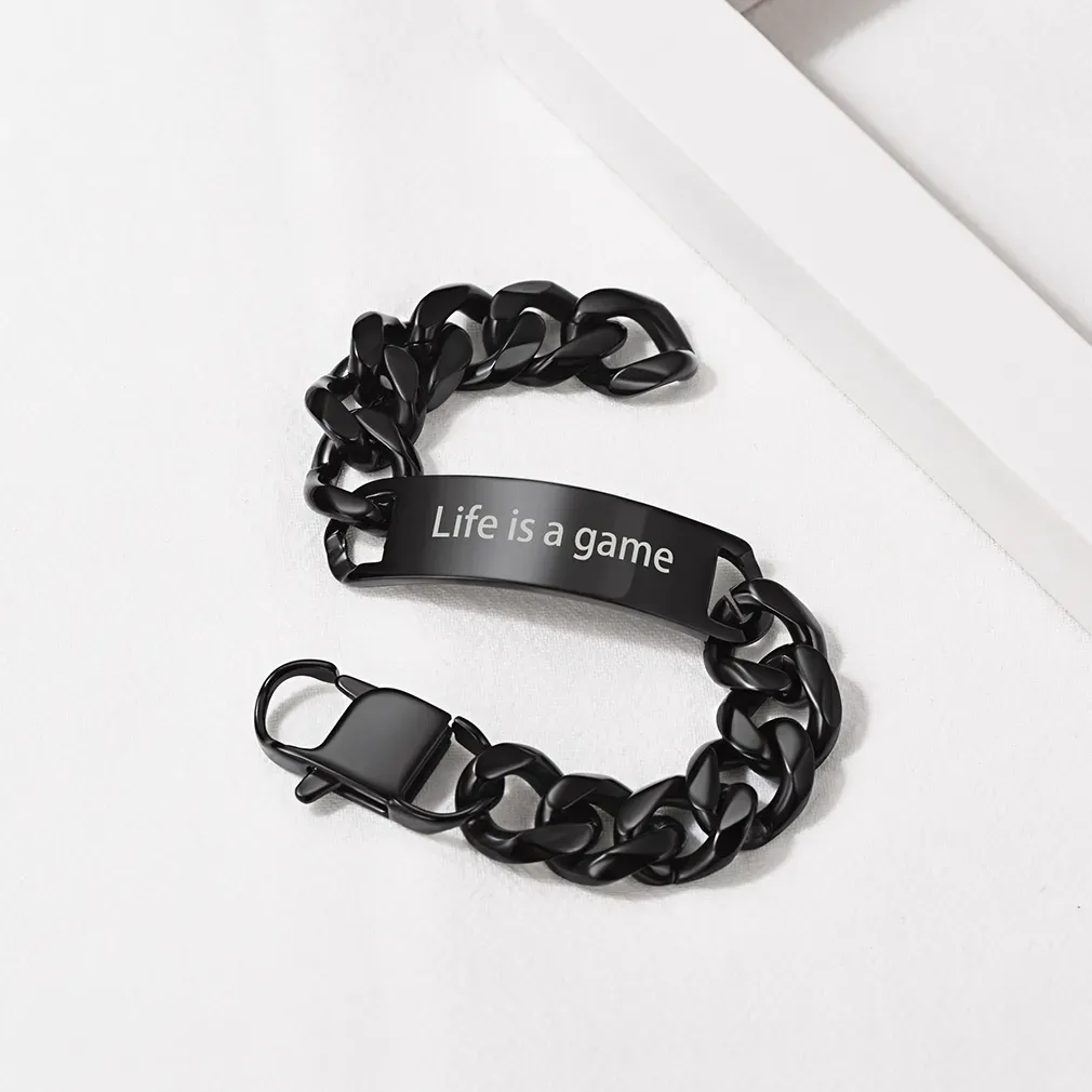 Bracelet Cuban Personnalisé avec Barre Gravée Scène Noir