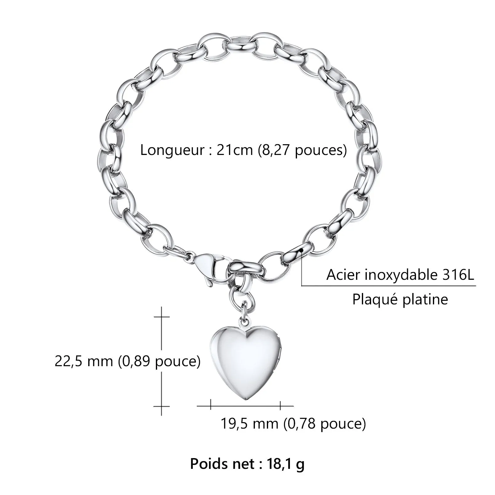  Bracelet Personnalisé avec Nom Gravé et Médaillon Photo Cœur Taille