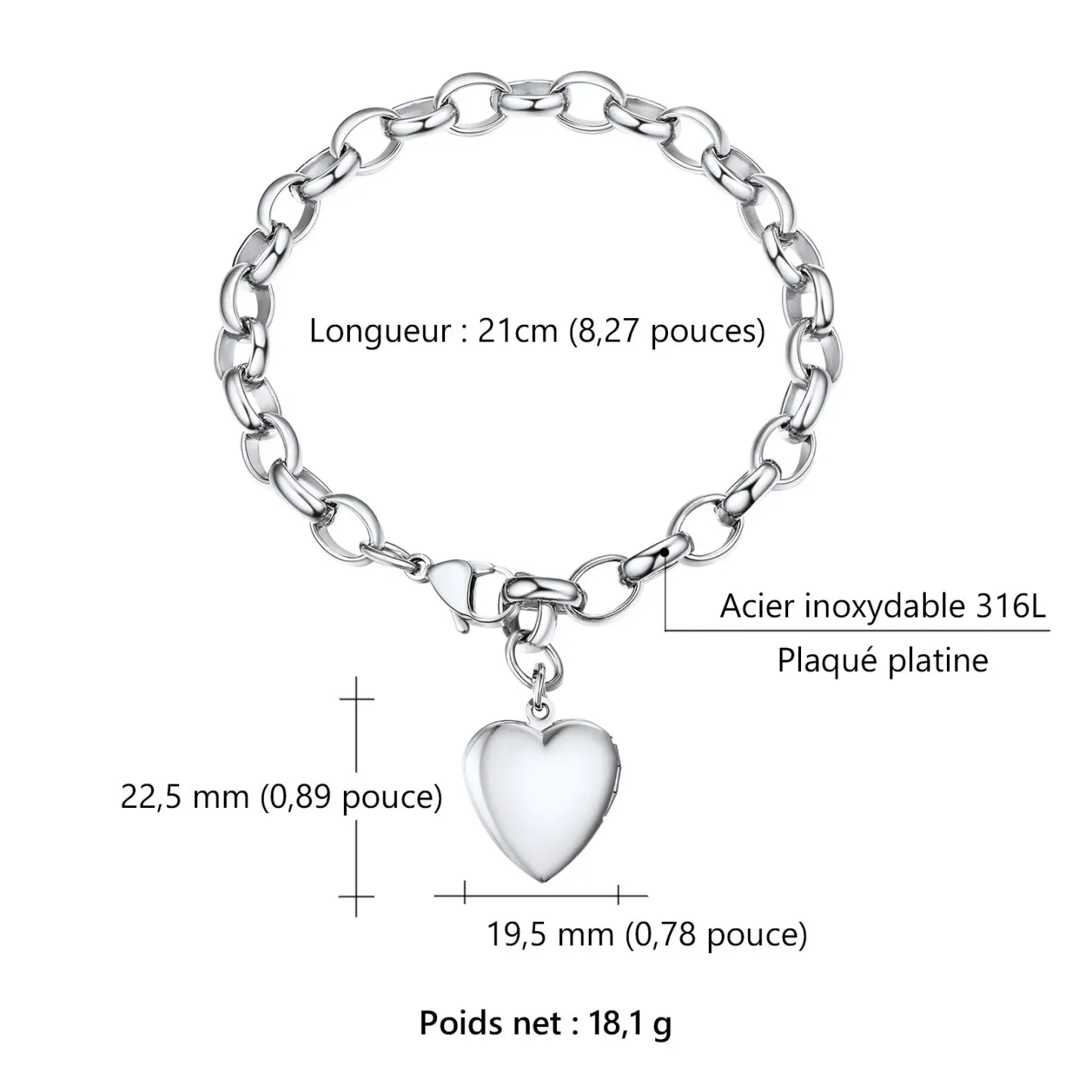  Bracelet Personnalisé avec Nom Gravé et Médaillon Photo Cœur Taille