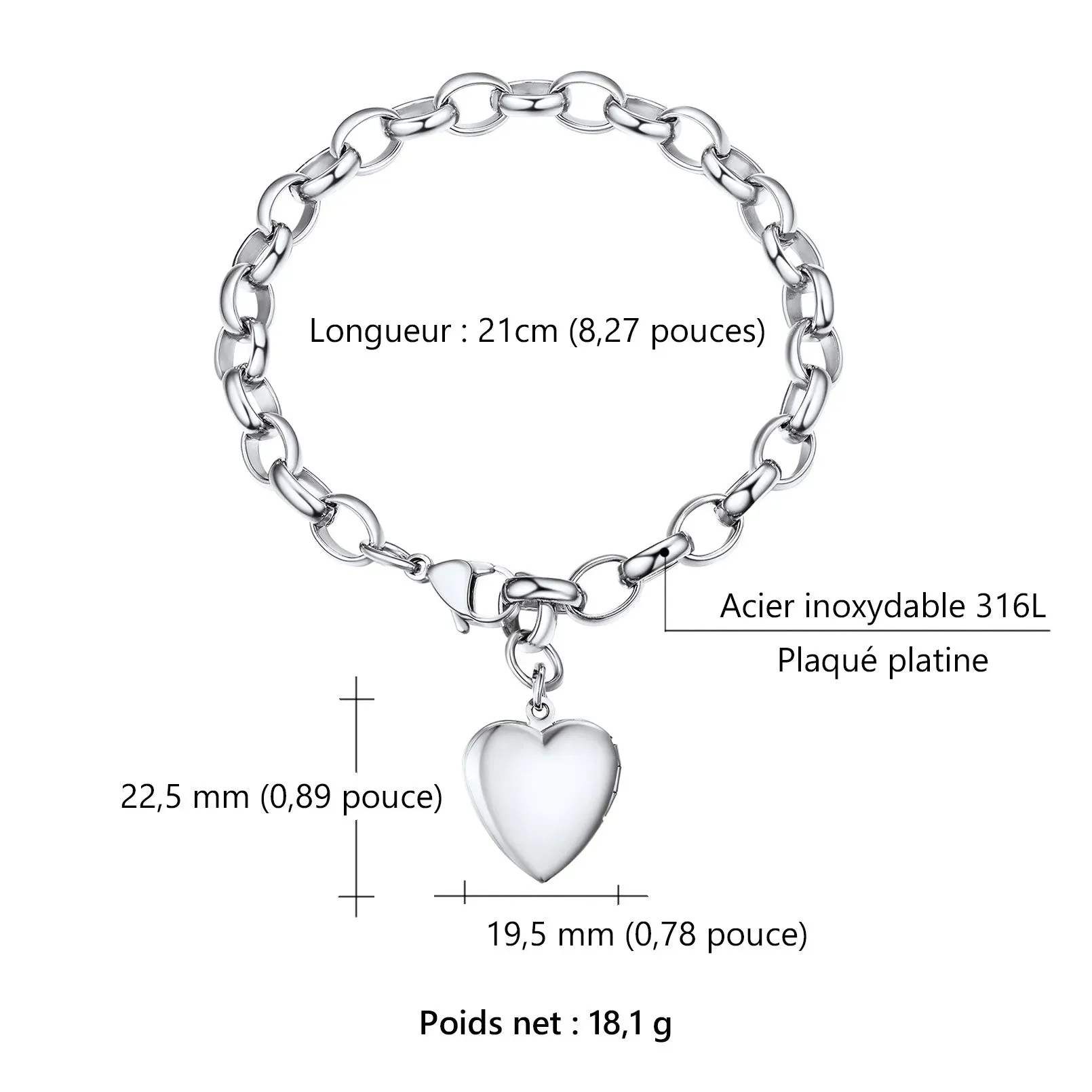 Bracelet Personnalisé avec Nom Gravé et Médaillon Photo Cœur Taille