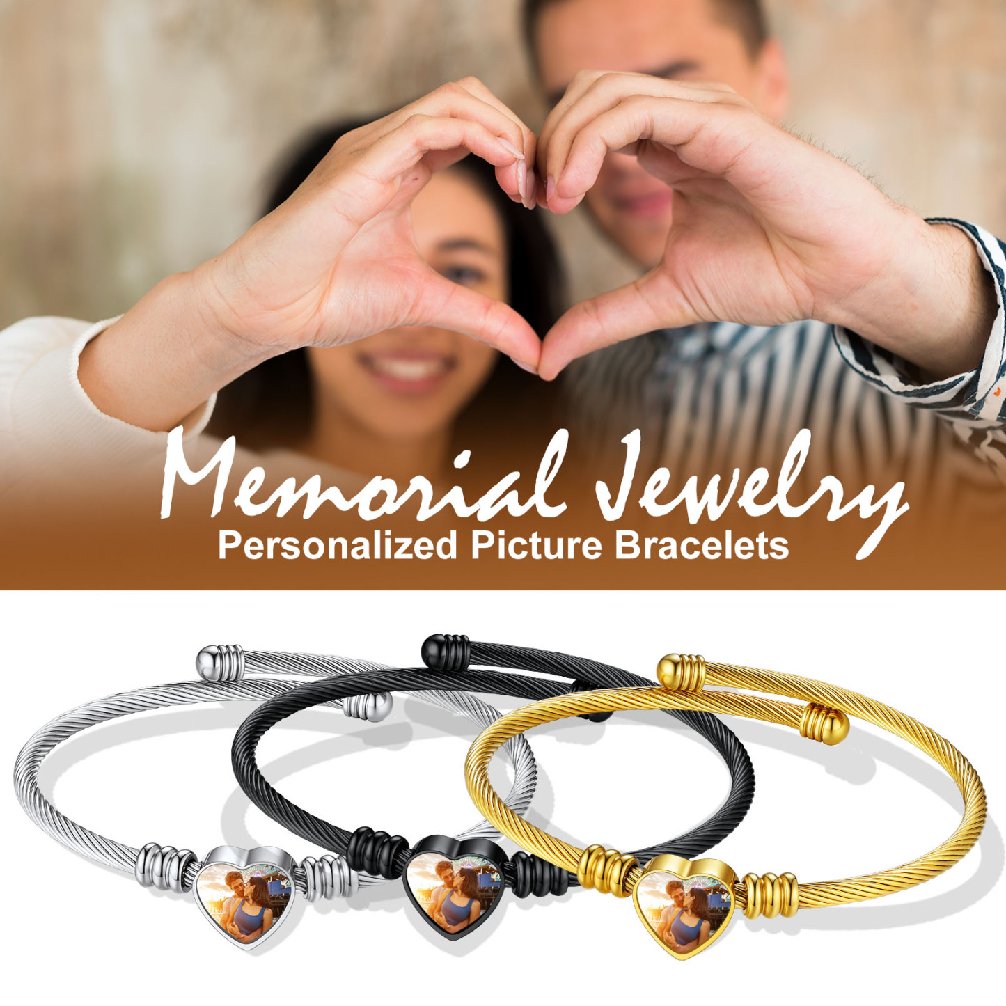 Bracelet Manchette Cœur Personnalisé avec Photo pour Femme