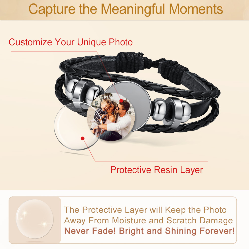 Bracelet en Cuir Personnalisé avec Photo et Message Protection