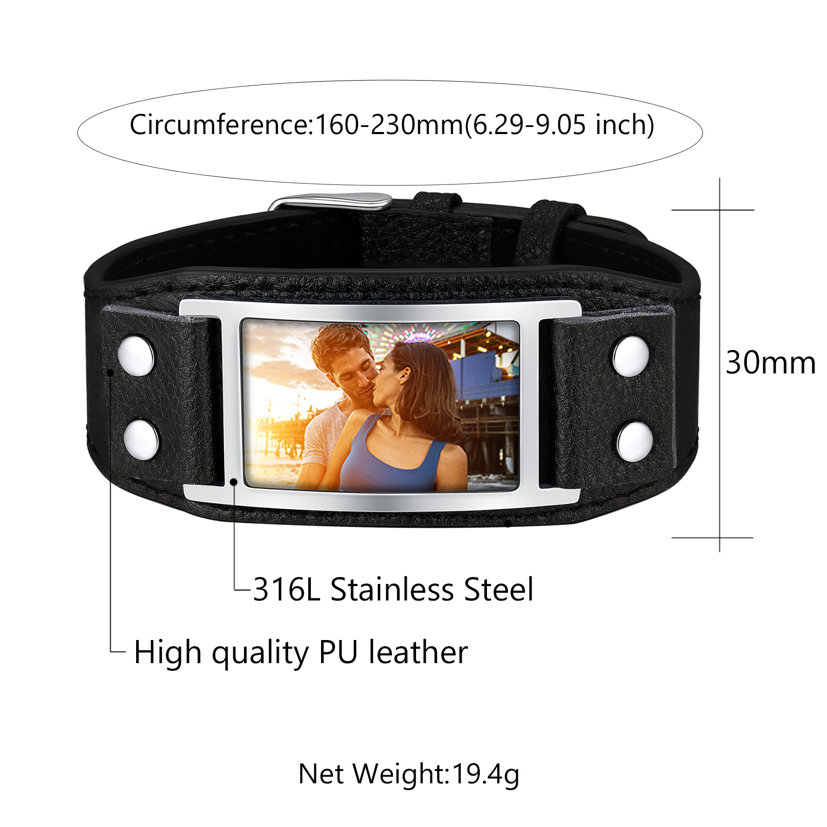 Bracelet en Cuir Personnalisé avec Photo pour Homme Taille