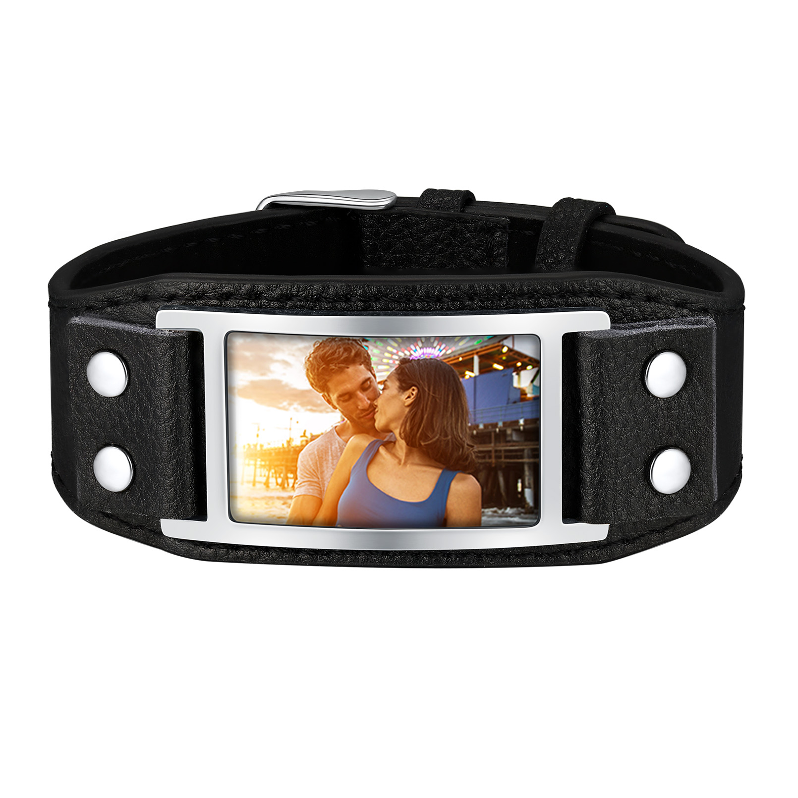 Bracelet en Cuir Personnalisé avec Photo pour Homme Noir