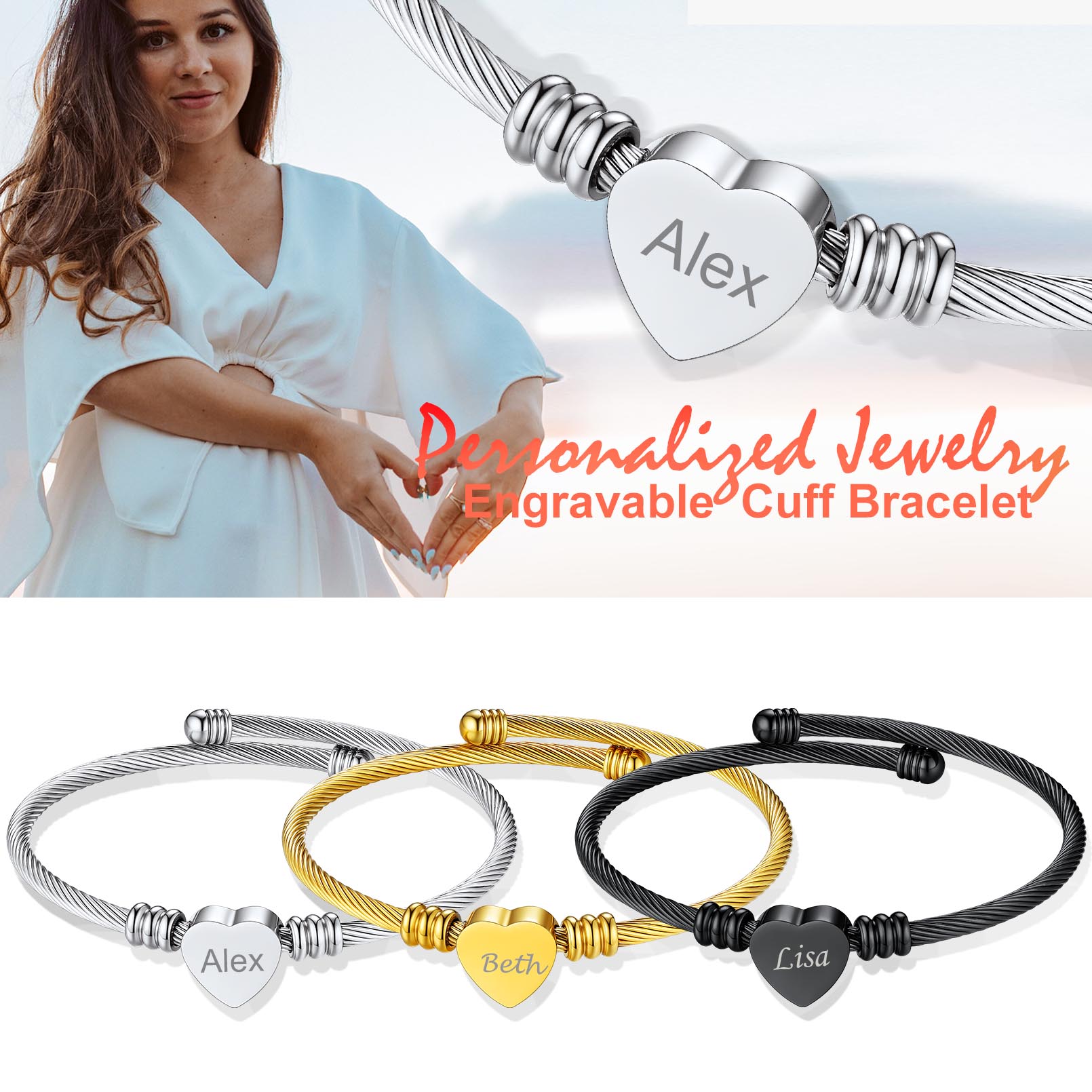 Bracelet Manchette Personnalisé avec Nom Gravé pour Femme Collection