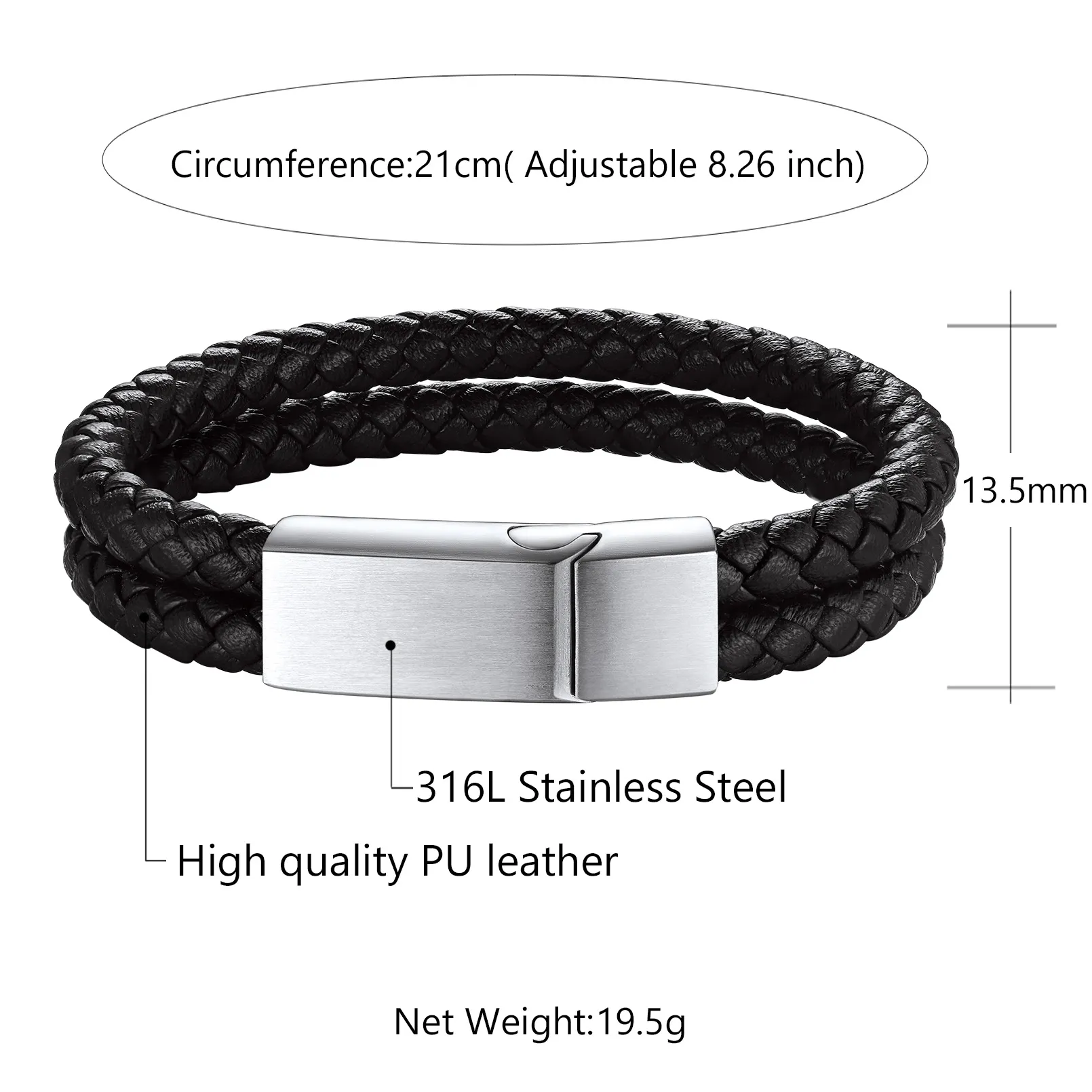 Bracelet en Cuir Tressé Double Personnalisé pour Homme Taille 21cm