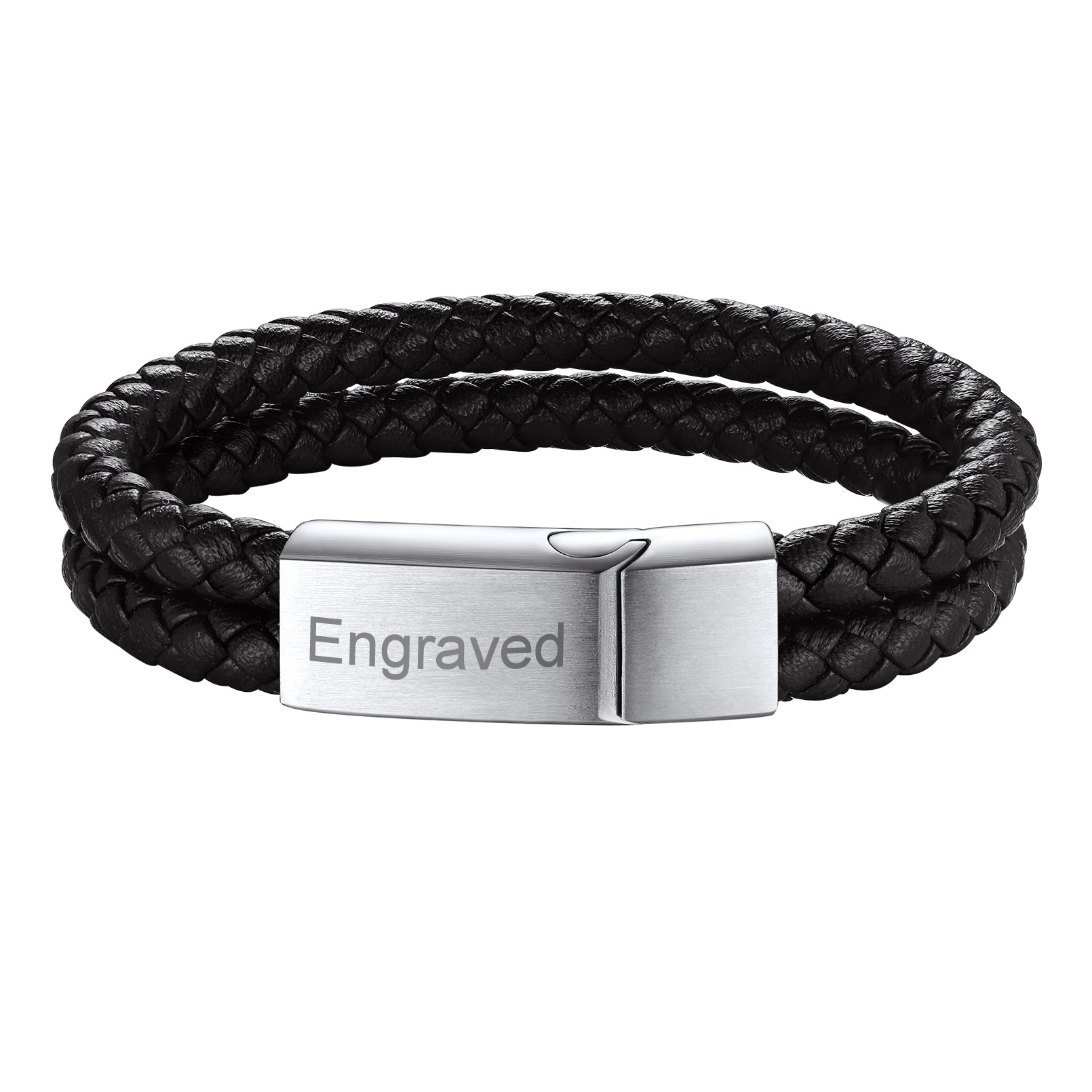 Bracelet en Cuir Tressé Double Personnalisé pour Homme Argenrté