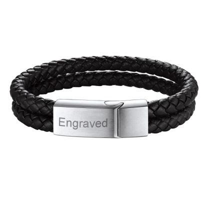Bracelet en Cuir Tressé Double Personnalisé pour Homme Argenrté