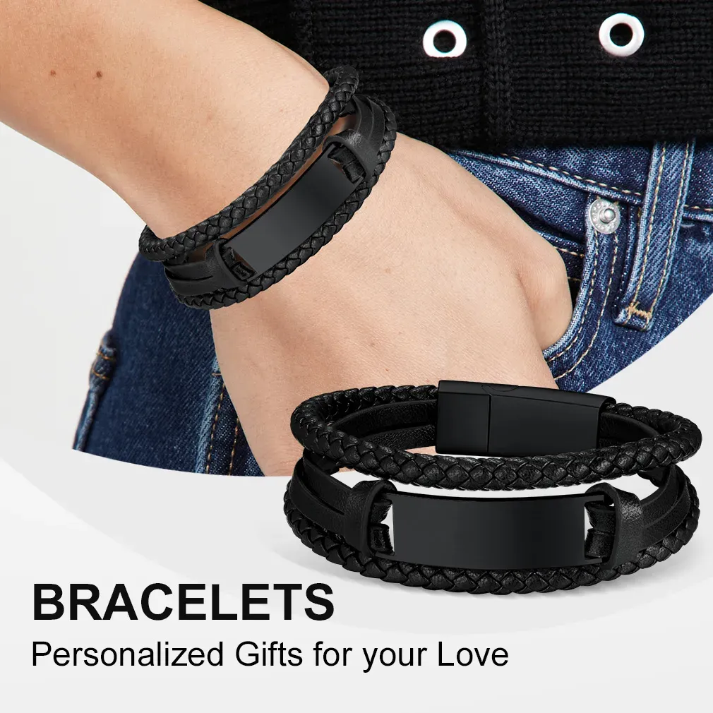 Bracelet en Cuir Tressé Personnalisé pour Homme Noir