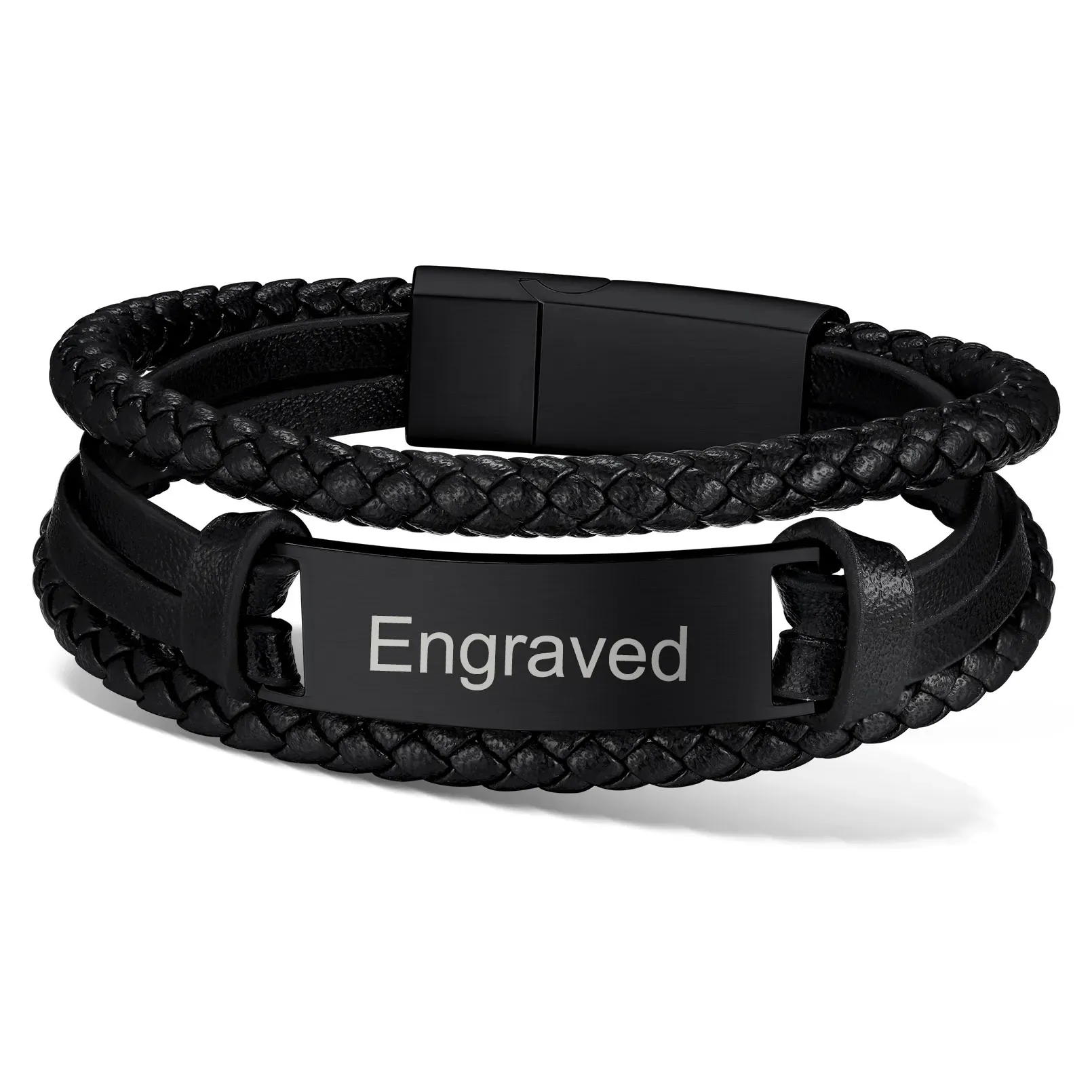 Bracelet en Cuir Tressé Personnalisé pour Homme Noir