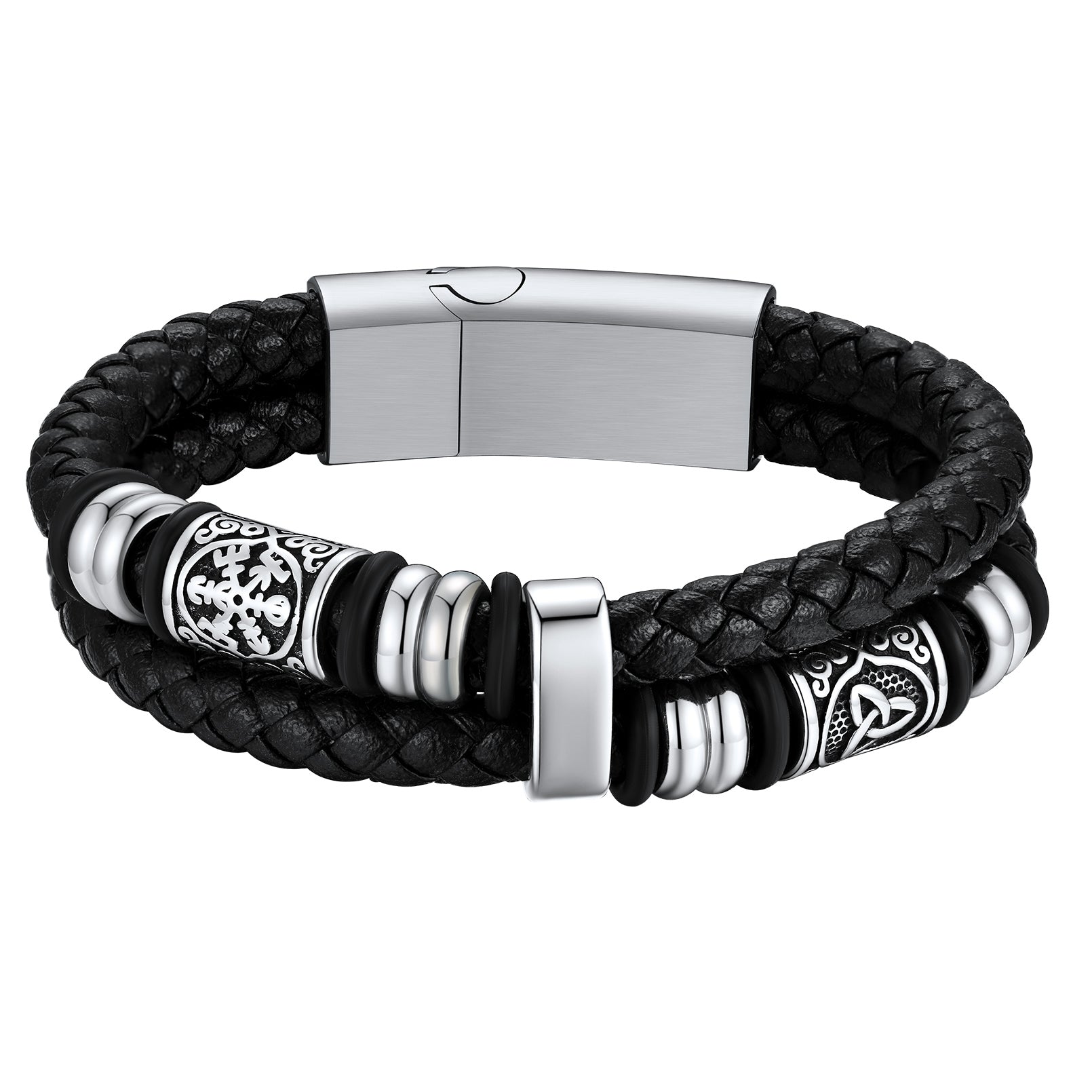 Bracelet Homme Cuir Tressé avec Gravure Nom Argenté