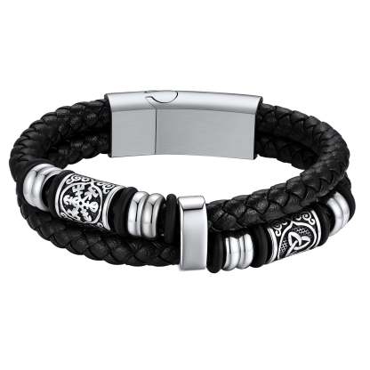 Bracelet Homme Cuir Tressé avec Gravure Nom Argenté