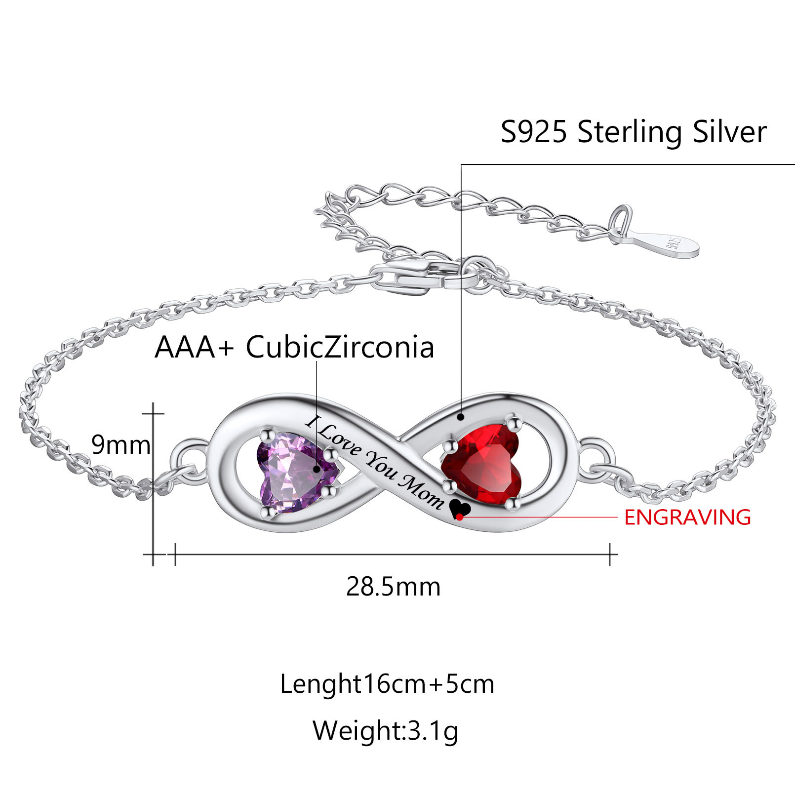 Bracelet Infini Personnalisé avec Prénoms et Pierres de Naissance en Argent Sterling Taille