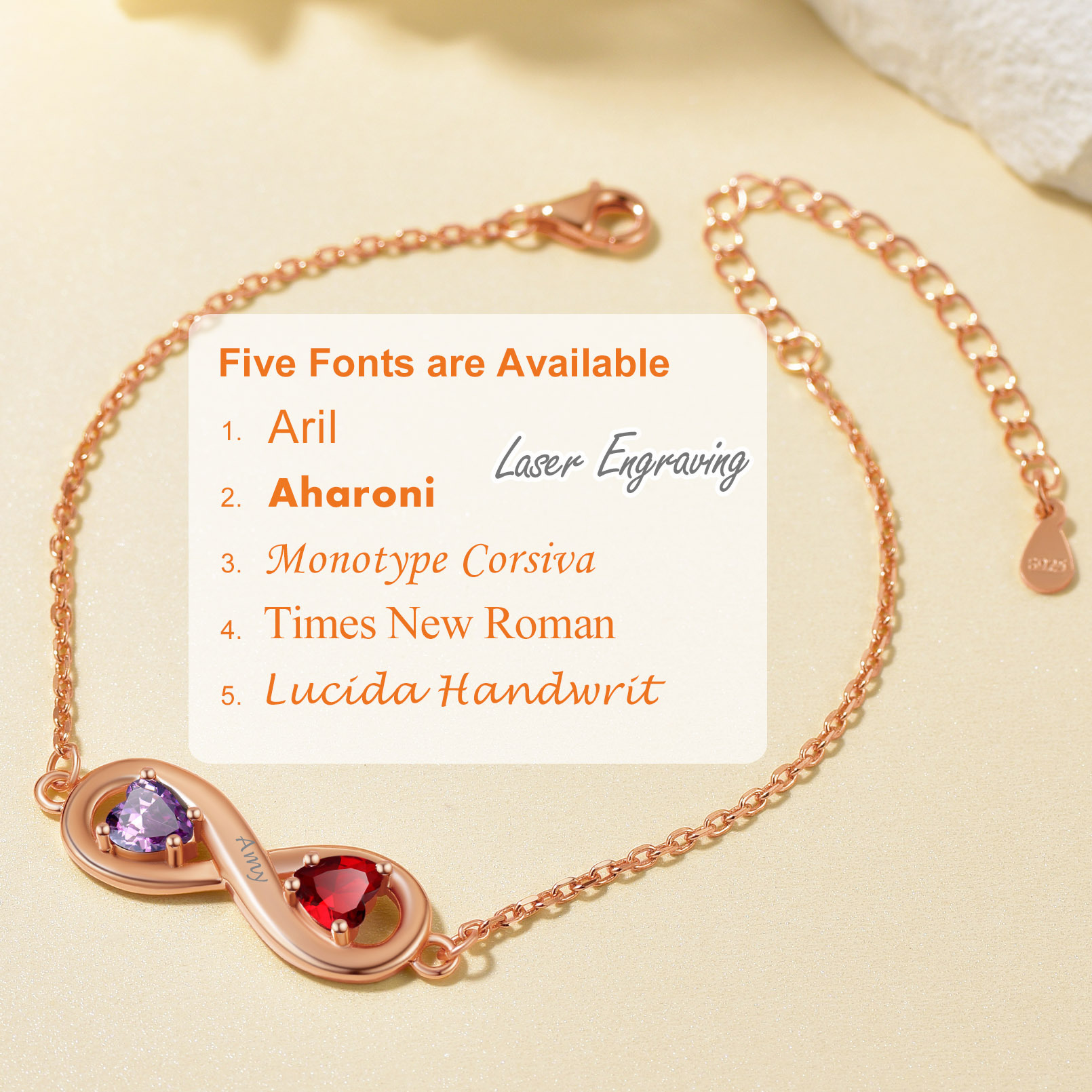 Bracelet Infini Personnalisé avec Prénoms et Pierres de Naissance en Argent Sterling Police