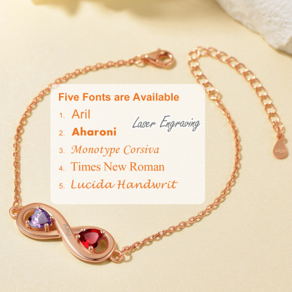 Bracelet Infini Personnalisé avec Prénoms et Pierres de Naissance en Argent Sterling Police