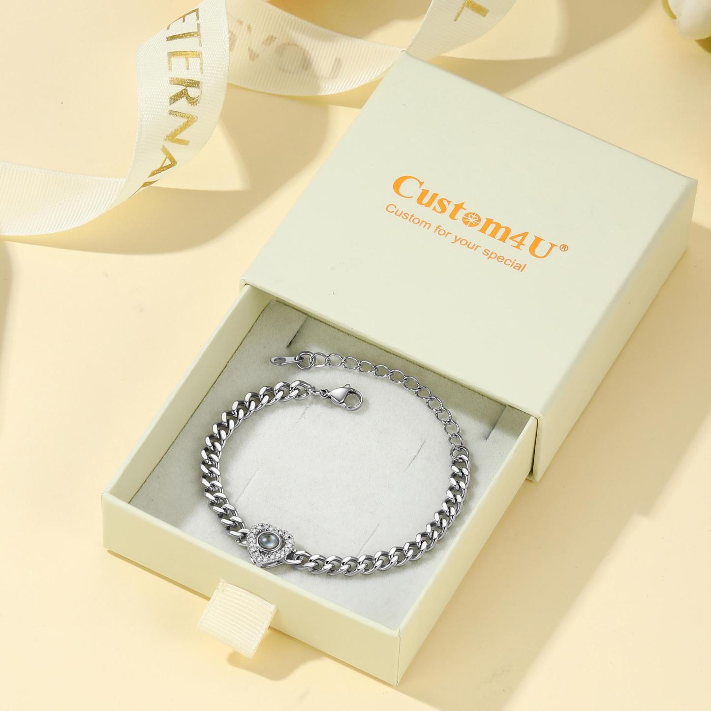 Bracelet Cœur Projection Photo Personnalisé - Cadeau Saint-Valentin avec Boite Cadeau
