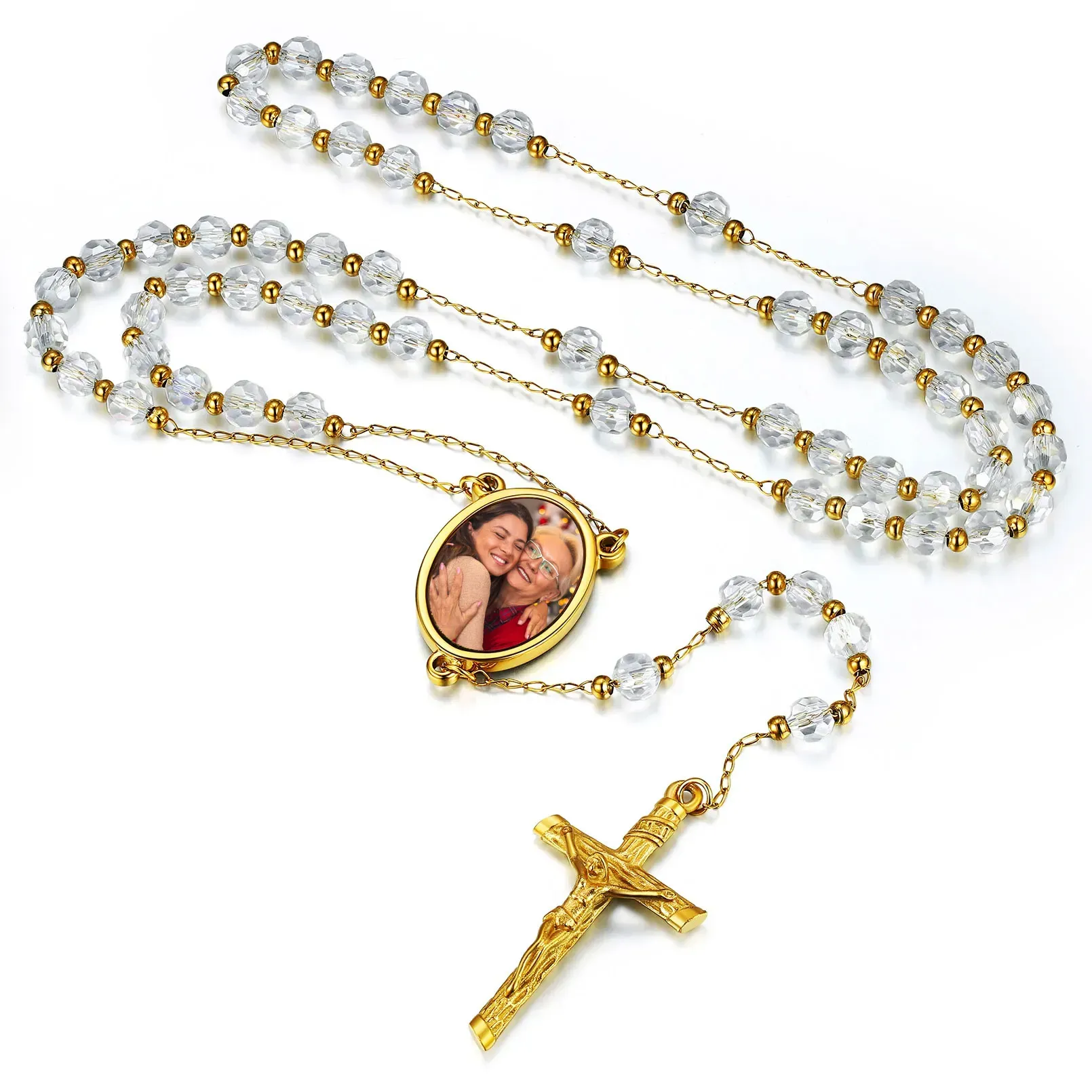 Collier Personnalisé avec Chapelet et Crucifix Catholique en forme de Y Blanc