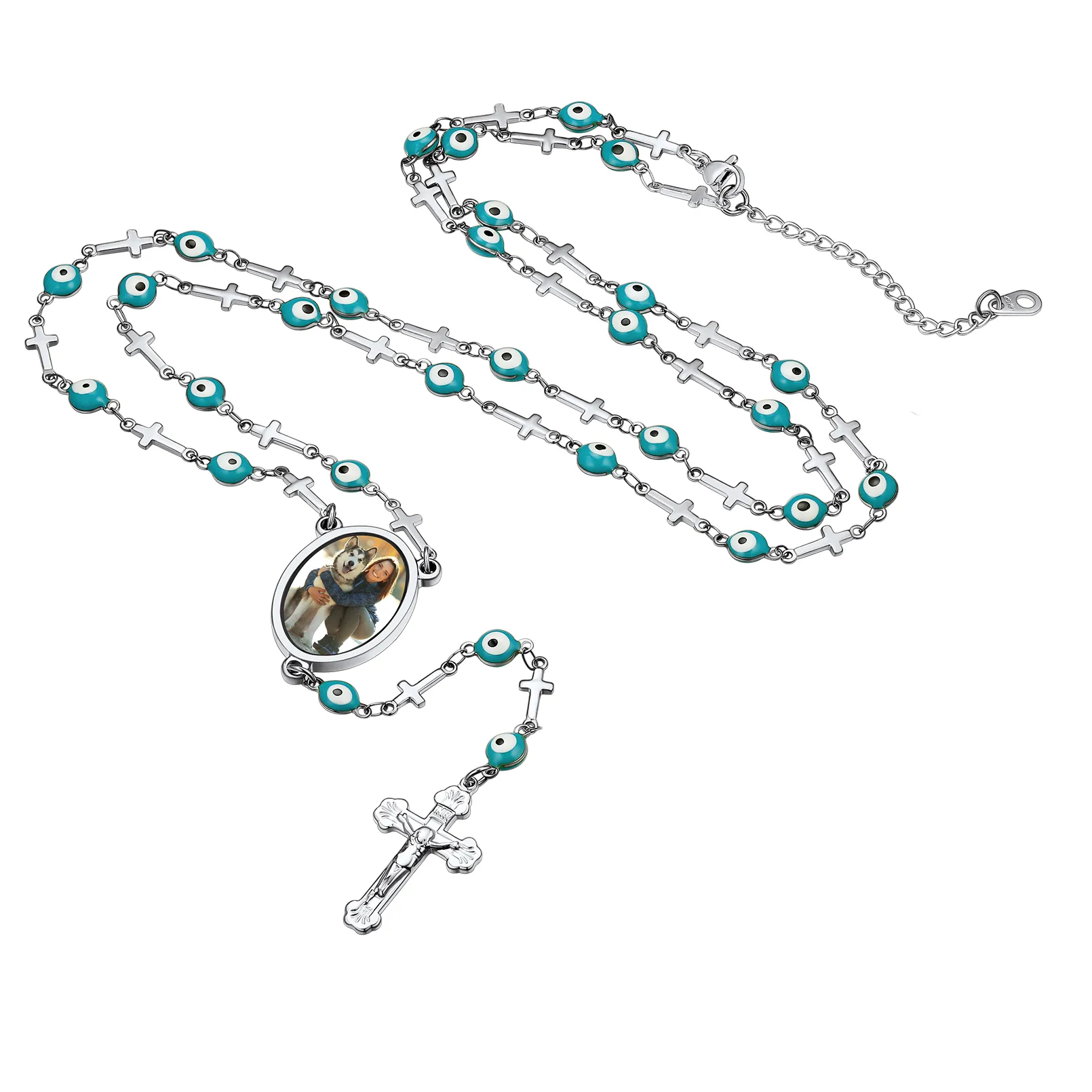 Chapelet Collier Croix Catholique Personnalisé avec Photo  Argenté