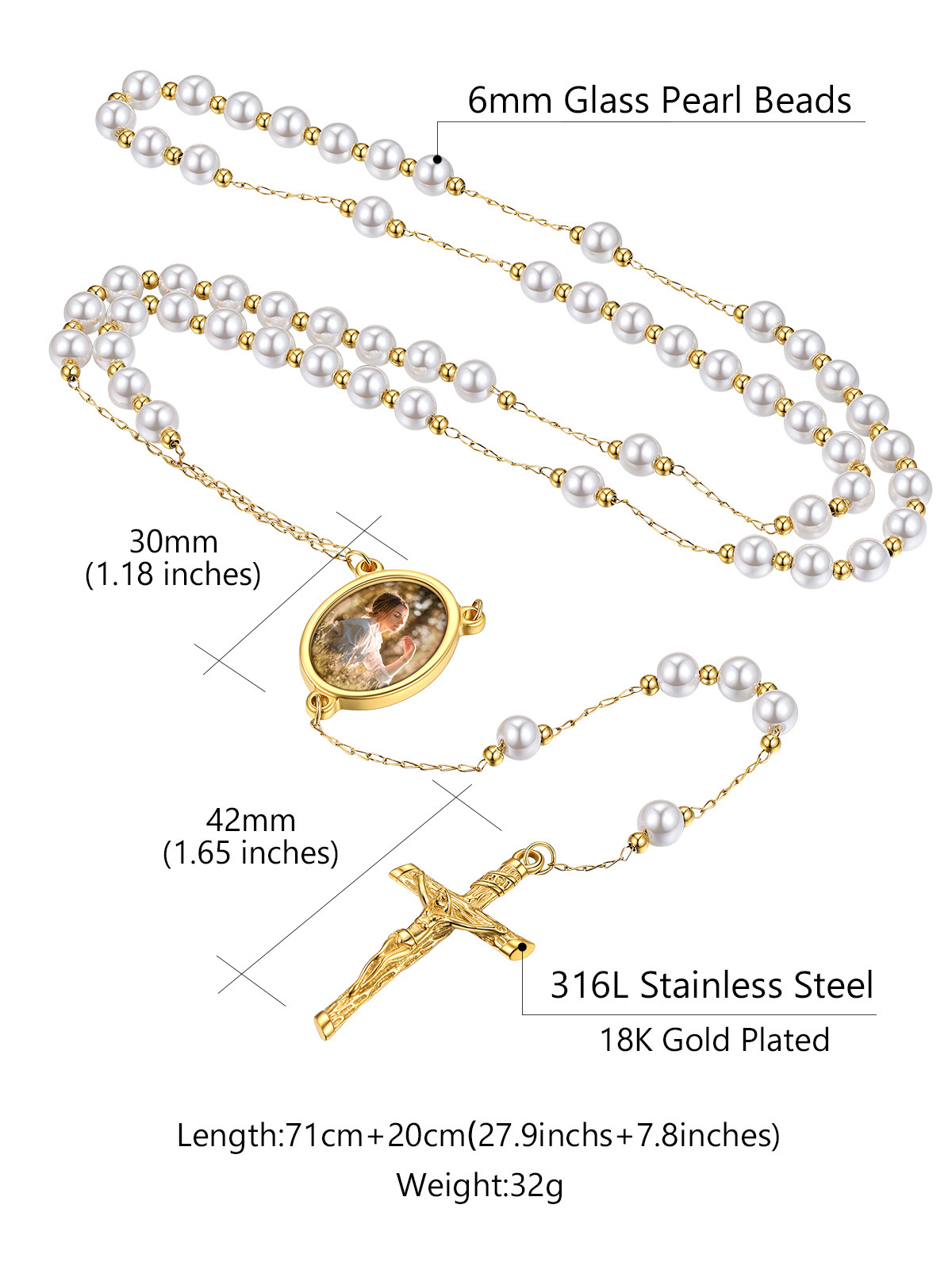 Collier Chapelet Personnalisé avec Croix en Acier Inoxydable Taille