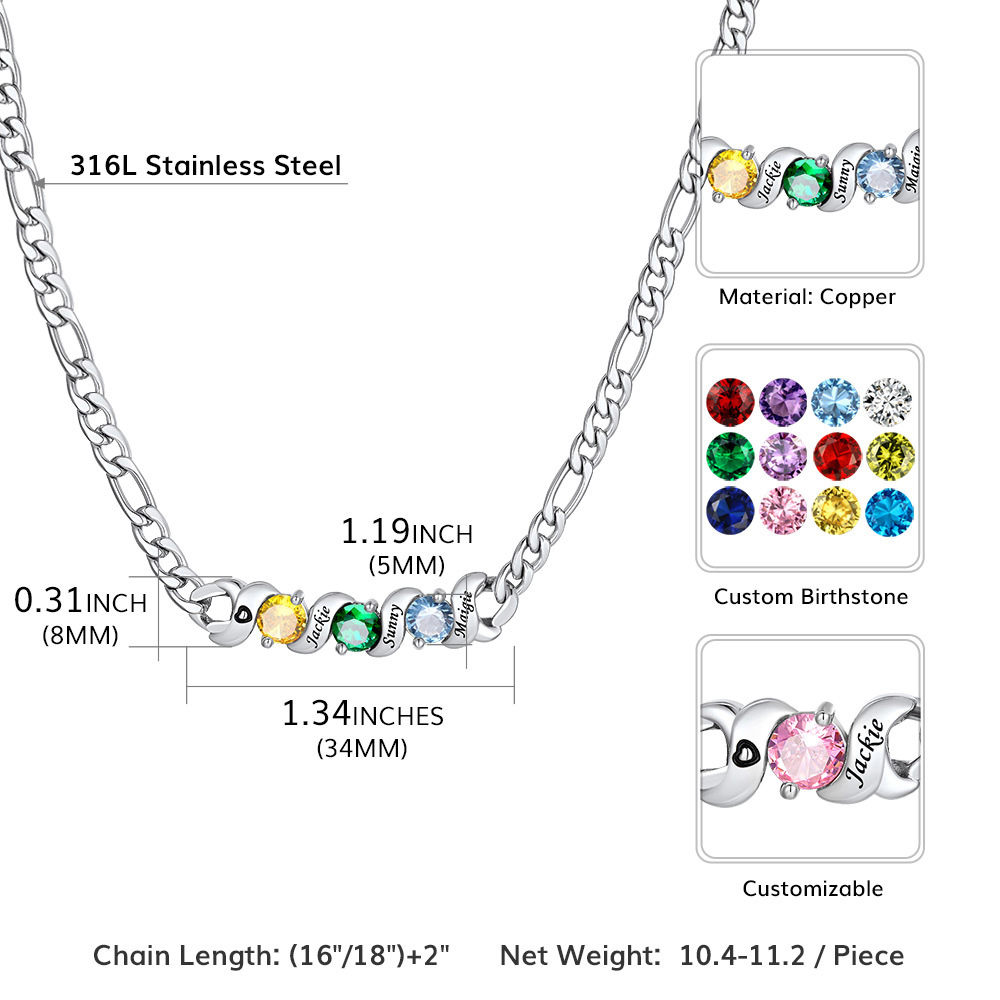 Collier Chaîne Figaro Personnalisé avec Pierres de Naissance pour Famille Taille