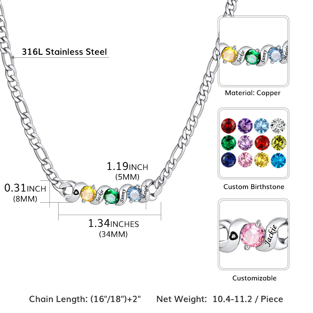 Collier Chaîne Figaro Personnalisé avec Pierres de Naissance pour Famille Taille
