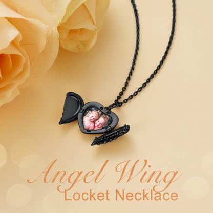 Collier Médaillon Ailes d'Ange avec Photo Personnalisée Noir