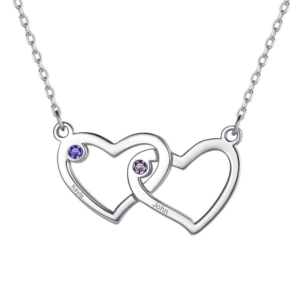 Collier Personnalisé Cœur 1-5 prénoms avec 2 Pierres de naissance 