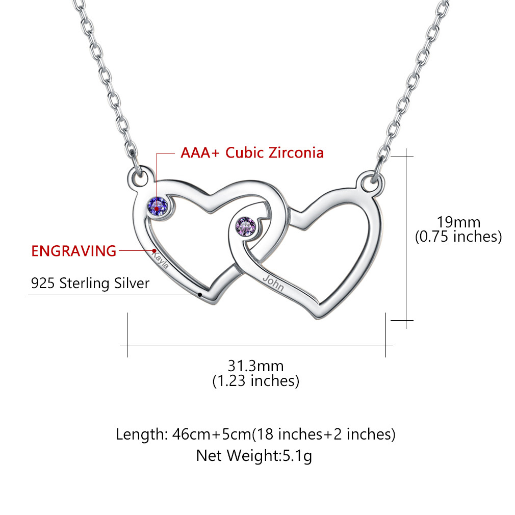 Collier Personnalisé 2 Cœurs avec Pierres de naissance et Prénoms Taille