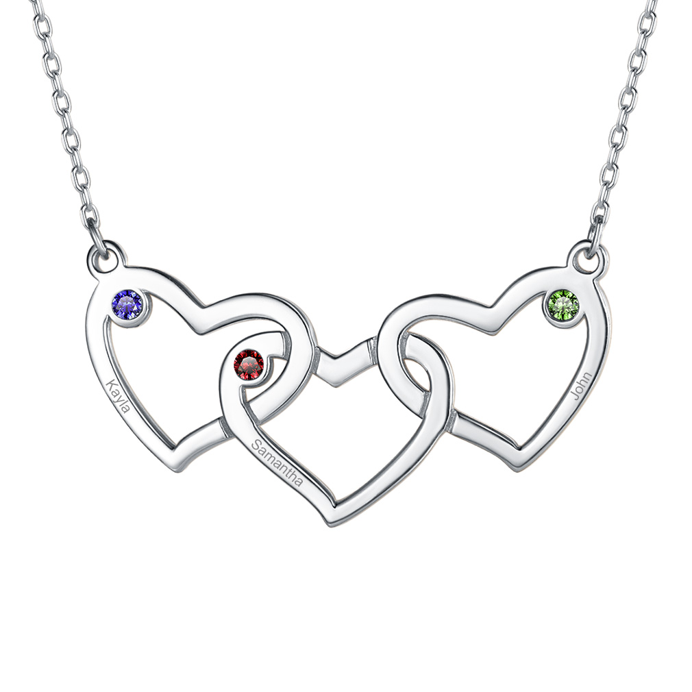 Collier Personnalisé Cœur avec 3 Pierres de naissance et Prénoms 
