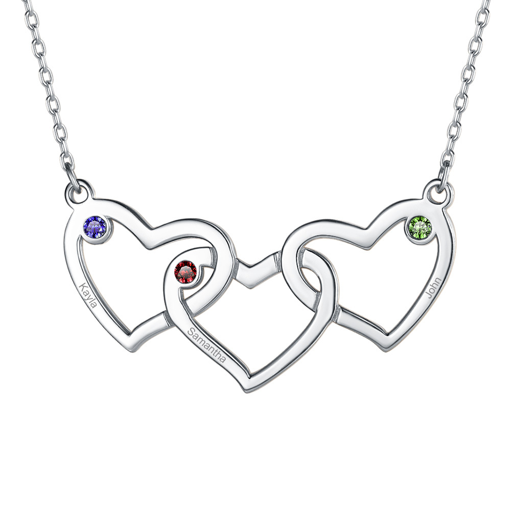 Collier Personnalisé Cœur avec 3 Pierres de naissance et Prénoms 