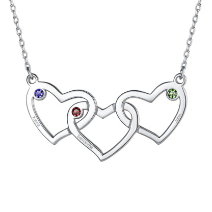 Collier Personnalisé Cœur avec 3 Pierres de naissance et Prénoms 