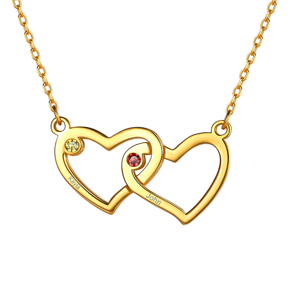 Collier Personnalisé Cœur avec 2 Pierres de naissance et Prénoms