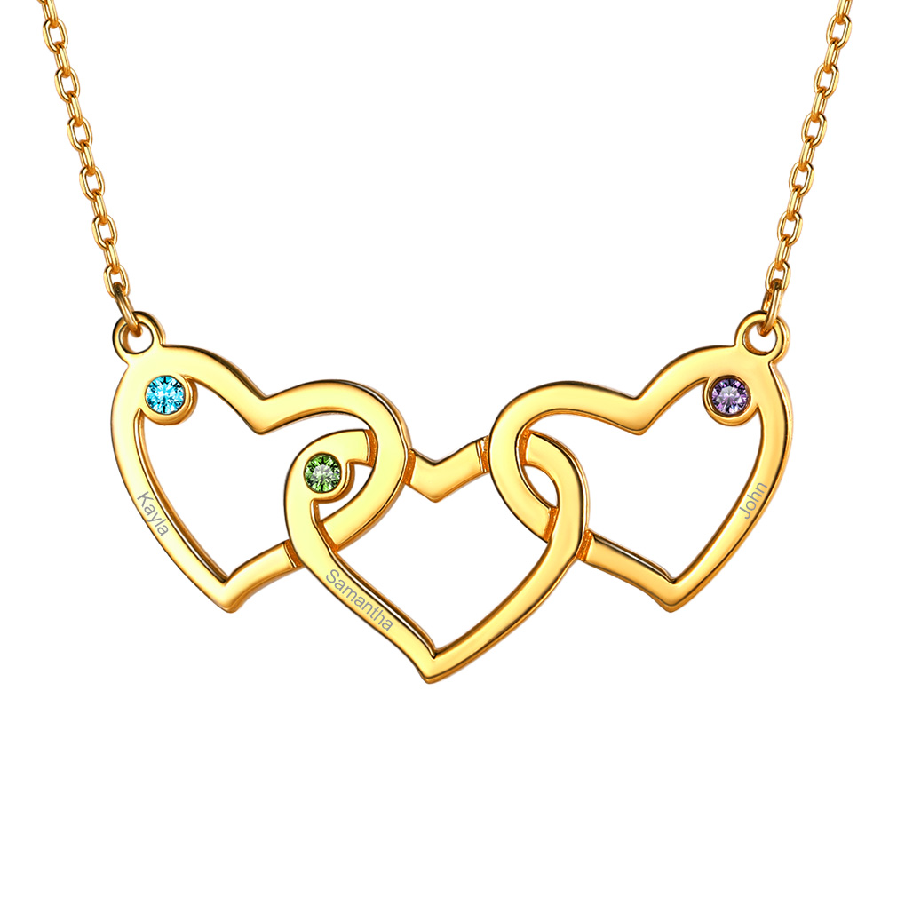 Collier Personnalisé Cœur avec 3 Pierres de naissance et Prénoms Or