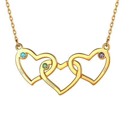 Collier Personnalisé Cœur avec 3 Pierres de naissance et Prénoms Or